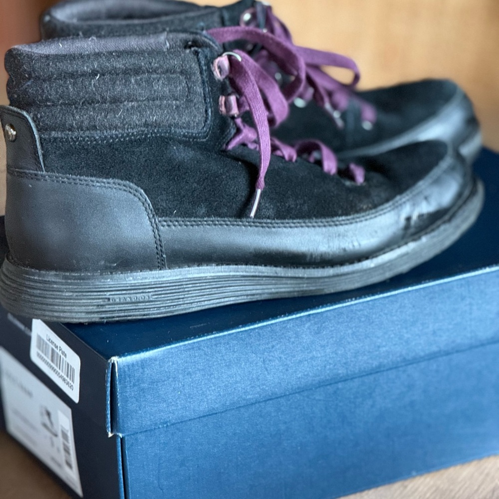 Cole Haan Black Suede High-Top Boots with Purple Laces